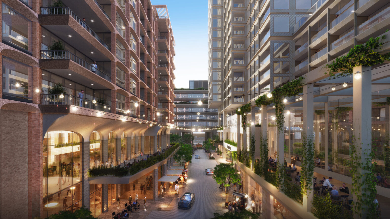 Rendering of the new Knox Street retail promenade at dusk